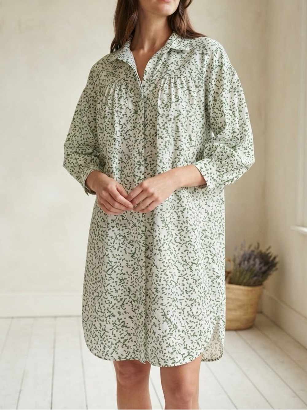 MIRTH Marfa Shirt Dress Green White Hand Block Print Cotton Midi Coverup XS